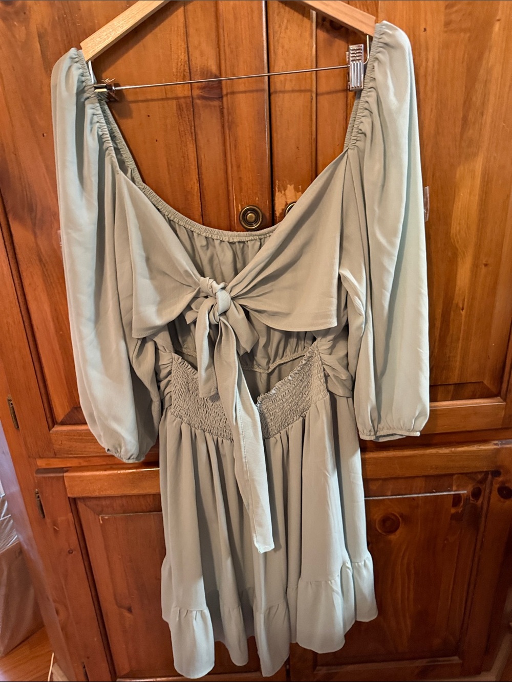 NWOT Puff-Sleeve Long Sleeve Mini Dress in Light Sage with open back and bow - Picture 4 of 8